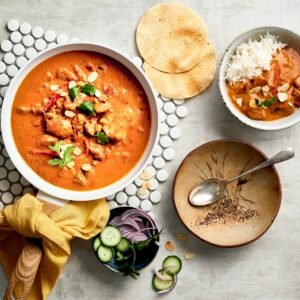 a bowl of red curry next to a bowl of rice and a bowl of soup